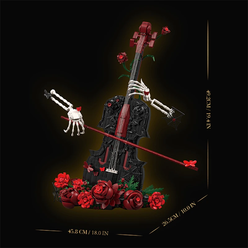 Creative Artist Skull Red Rose Violin Building Blocks Gothic Musical Instrument Model Home Decor Assembly Bricks Toys Girls Gift - view 6