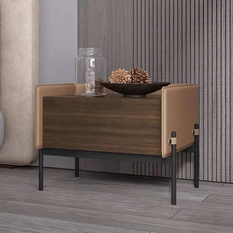 Italian minimalist smoked solid wood bedside table saddle leather hard leather bedside table designer creative bedside table