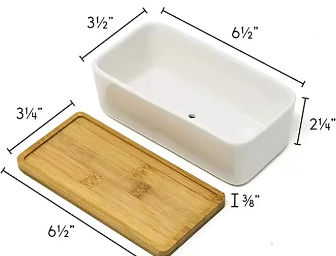 6.5 Inch Rectangular White Ceramic Succulent Planter with Drainage Hole and Bamboo Tray Small Flower Pot for Window Garden