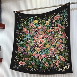 90cm Flowers Bloom Twill Silk Scarf Shawl Fashion Brand Square Scarf Women Hijab Luxury Bandana Foulard Neckerchief Head Scarf