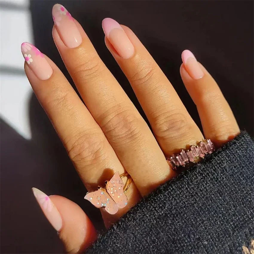24Pcs French Almond Multicolor Wave Fake Nails Finished Full  Acrylic Removable Press on Nail Art Glossy Waterproof False Nails
