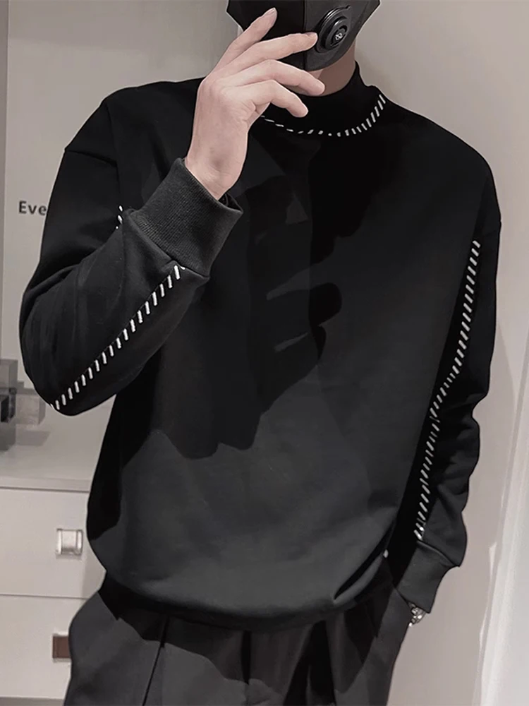 

Loose Fit Men's Hoodie f High Collar Spring Autumn Bla Embroidery Line Casual Inner Wear T-irt Faionable Youth Sle