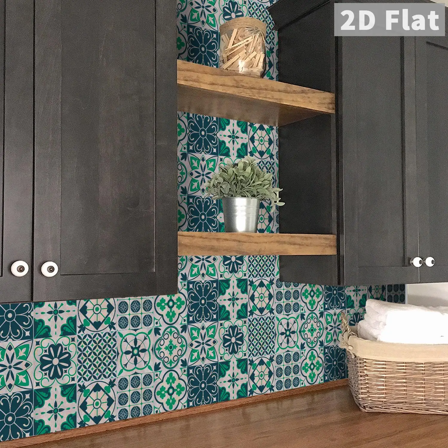 

Retro geometric green blue tile wall stickers, kitchen bathroom living room background wall self-adhesive decorative stickers