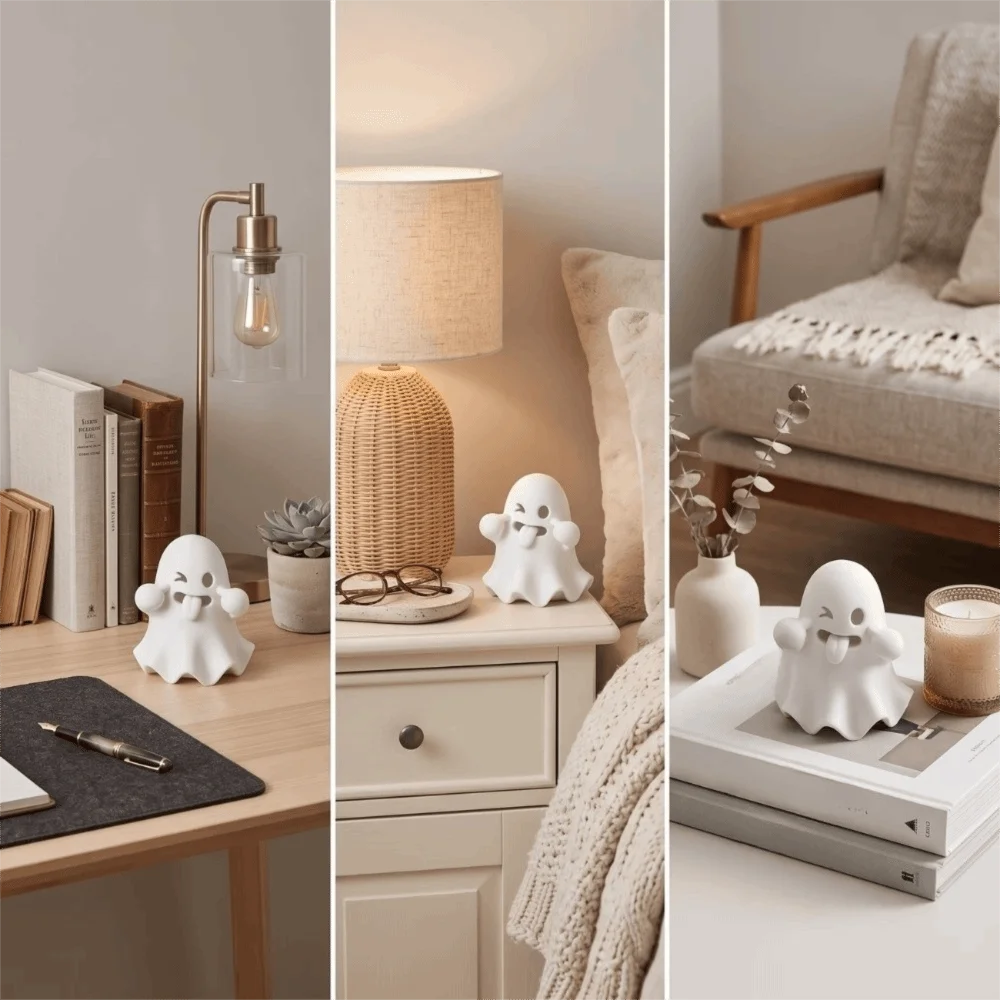 Playful Halloween Ghost Figurines Mischievous 3D Printed Table Ghost Sculpture Gothic Fun Expression Mini Ghost Ornaments