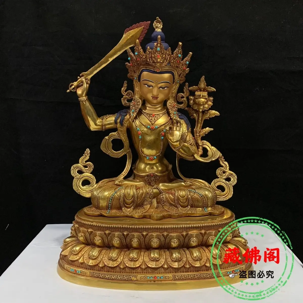 47cm Manjushri Bodhisattva, made of pure copper with exquisite craftsmanship, is inlaid with a one foot five Tibetan Buddha stat