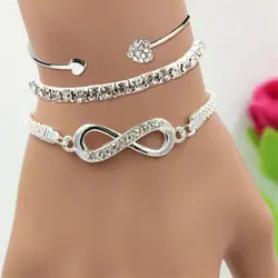 3 Pcs Women Bracelets Rhinestone Decor Hollow Infinite Symbol Heart Stackable Wrist Jewelry Lady Prom Party Wedding Bangle Set