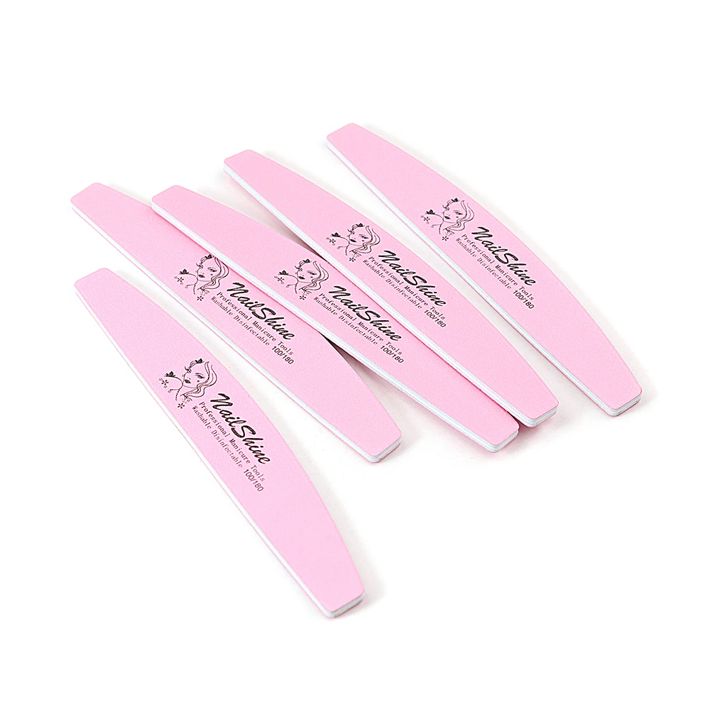 

100 шт. розовые пилочки для ногтей, оптовая продажа, зернистость 100/180, шлифовальная пилочка в форме полумесяца, буфер для ногтей, товары для маникюра, инструменты для ухода за ногтями