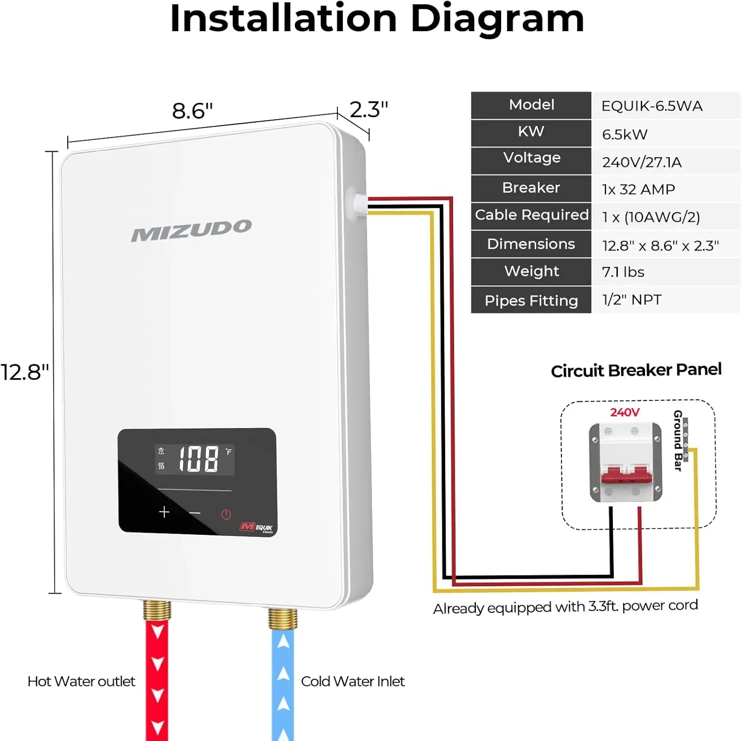 Bezzbiornikowy podgrzewacz wody, MIZUDO 6,5 kW 240 V, mały natychmiastowy podgrzewacz ciepłej wody, zastosowanie pod zlewem, zlewem i kranem łazienkowym,