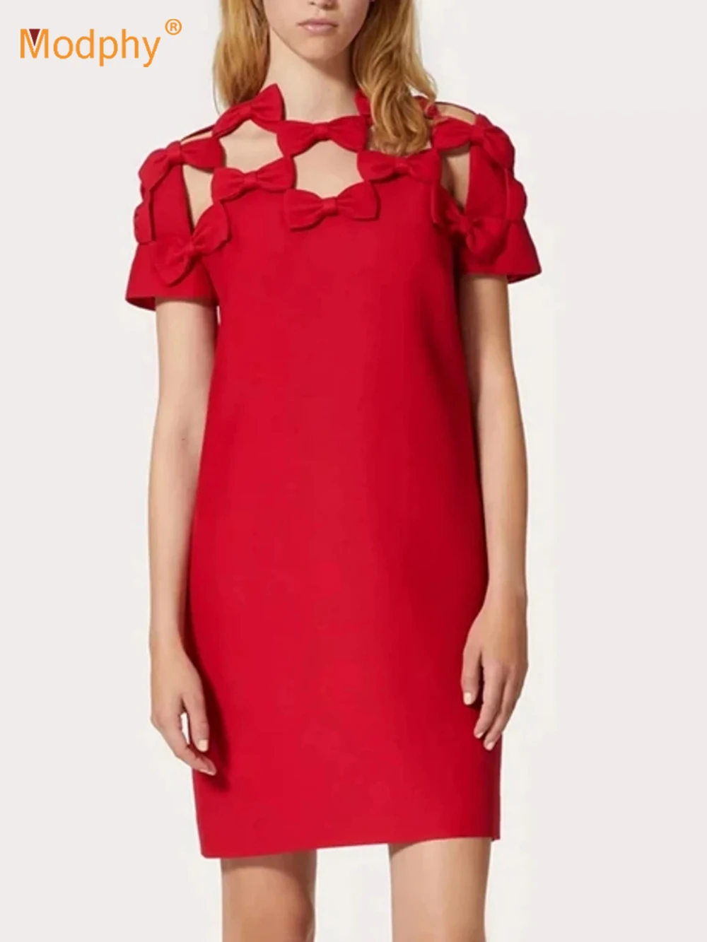 Modphy 2024 Summer New Splicing Bow Hollow out Design A-line Red Dress Women's Mini Elegant Short sleeved Dress Female