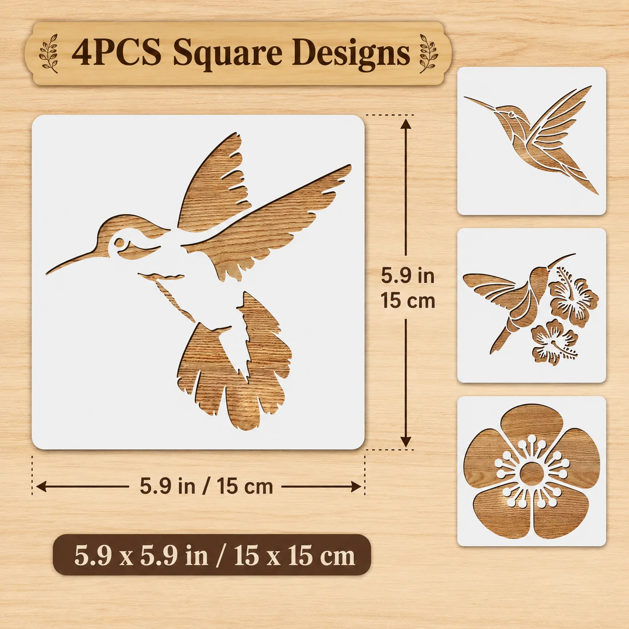 4 Stück 5,1 x 5,1 Zoll große Kolibri-Blumen-Schablonen, wiederverwendbare Vogel- und Blumenmalvorlagen für DIY-Wanddekoration auf Leinwand und Stoff – Detail 1