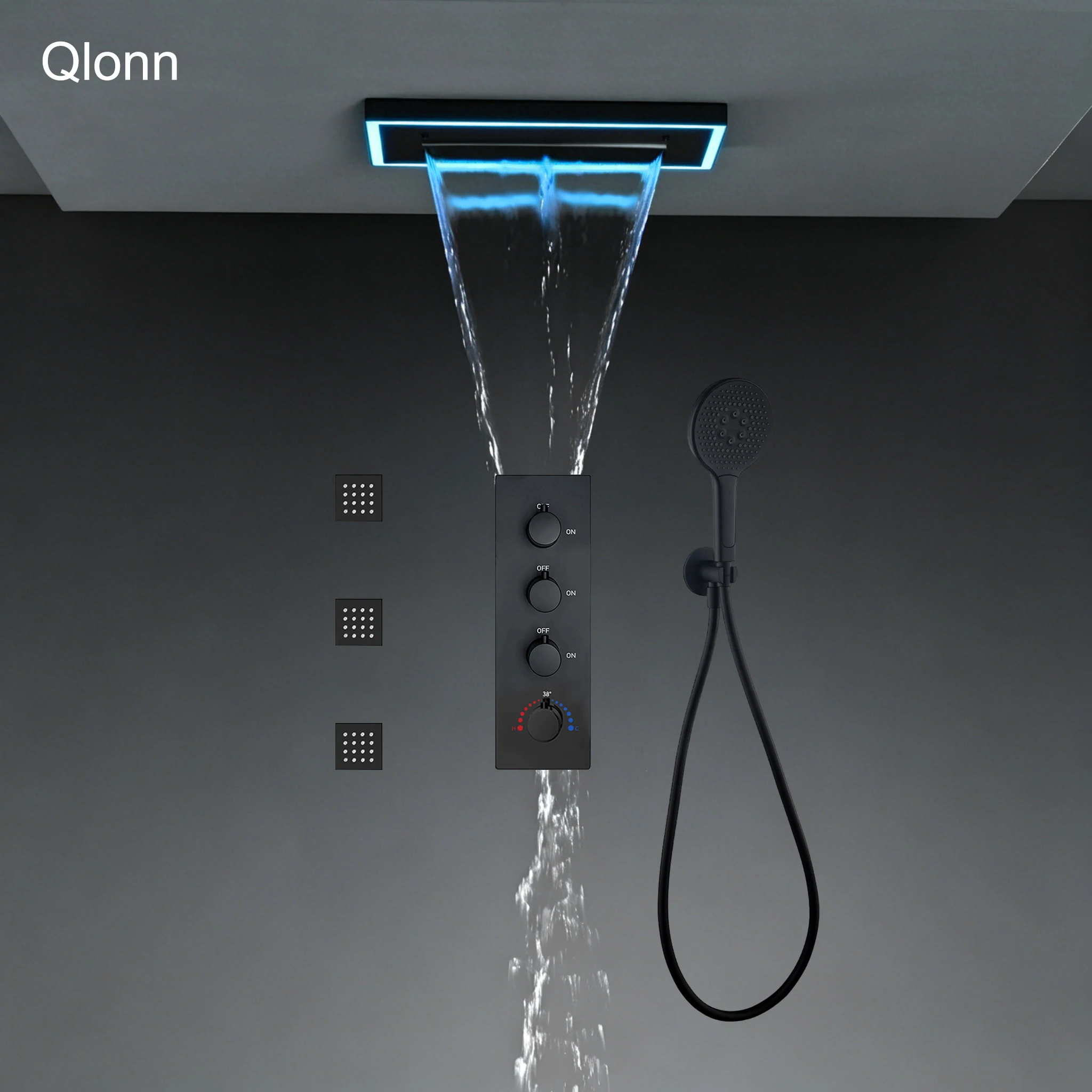 

Умный душевой набор Qlonn для ванной комнаты с LED-подсветкой, встраиваемый в потолок, душевая лейка 400*200 мм, 3 функции, термостат, дивертор, боковые форсунки SPA