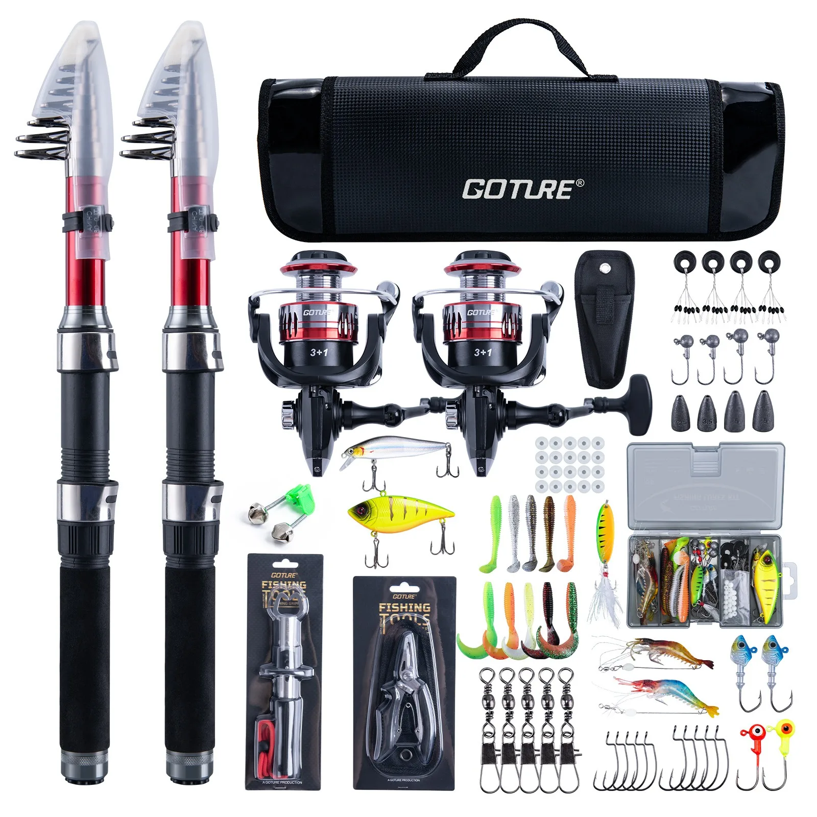 Goture 2pcs Telescopic Fishing Rod Spinning Reel Full Tackle Kit Carbon Fiber Fishing Lures Hooks Line Pliers Fish Gripper Bag