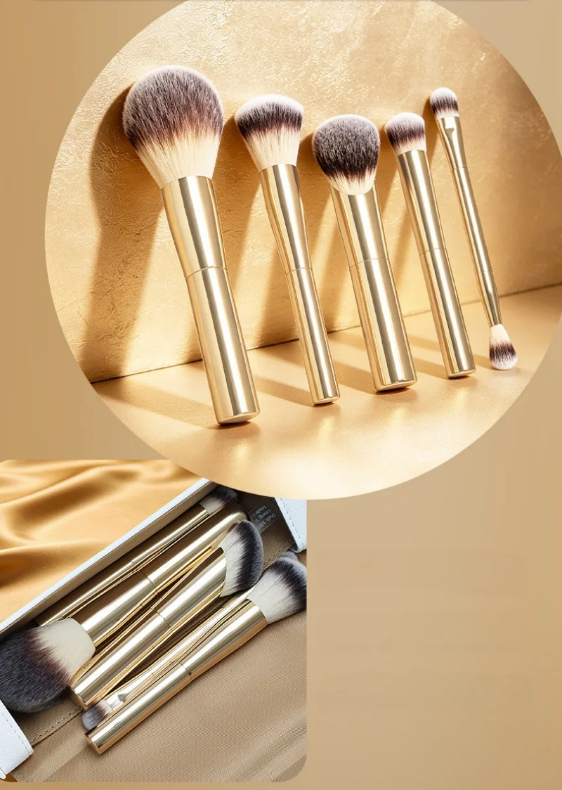 Face and Eye Travel Brush Set Gold High Quality Synthetic Hair Makeup Brushes Set with Pouch Box