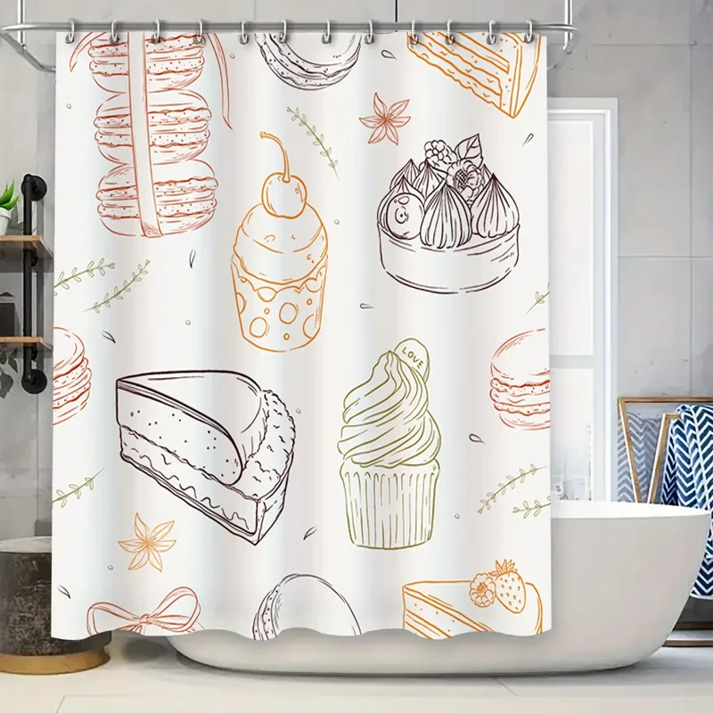 

Kitchen Decor Shower Curtain with Dessert Illustrations Orange Floral Design Bath Rug for Home Decoration in Bathroom Accessorie