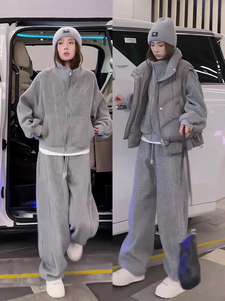

plus Size Winter Faion Set of Tee Includes Sweatirt Jaet Overalls High Waist Pants Korean Sle Warm Thiened Clothing