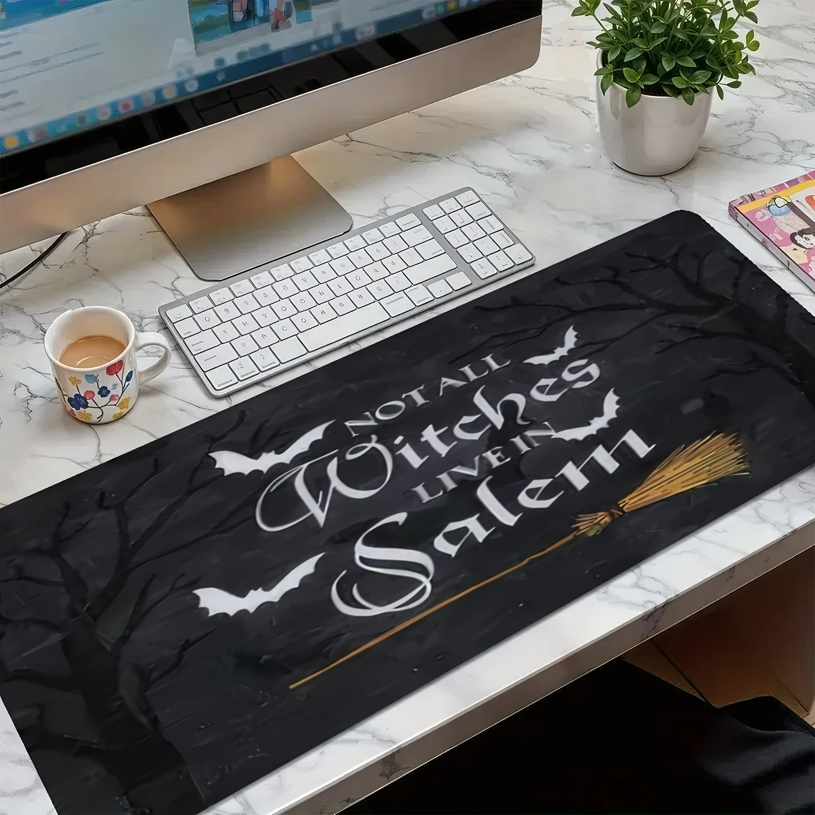 Witches Live in Salem Halloween Desk Mat Large Rubber Gaming Mouse Pad with Bats and Broom