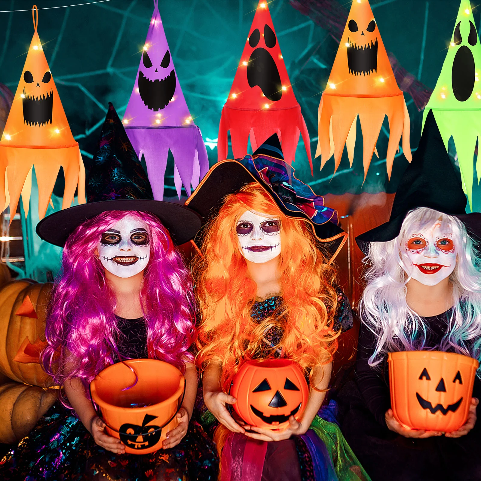 Sombrero de bruja escalofriante, sombreros iluminados, luces al aire libre para la casa, cuerda interior colgante, tafetán de poliéster, decoraciones de Halloween, fantasma