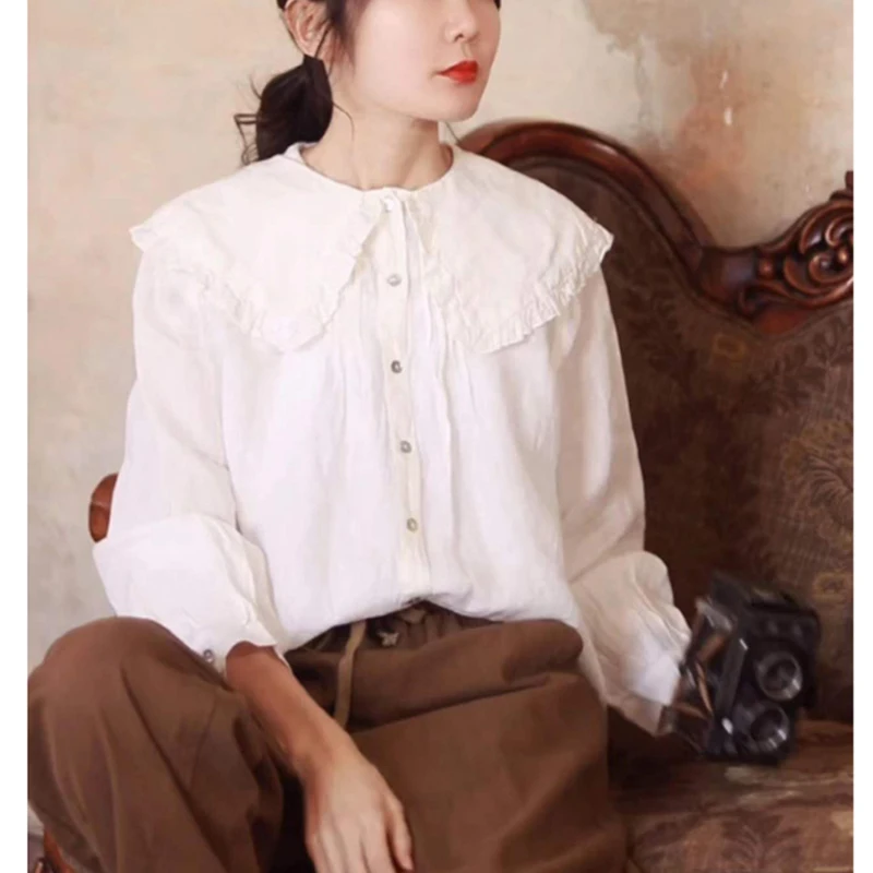 Johnature New Peter Pan Collar Linen Women Shirts 2024 Spring Vintage Solid Color Loose All Match Mori Female Blouses