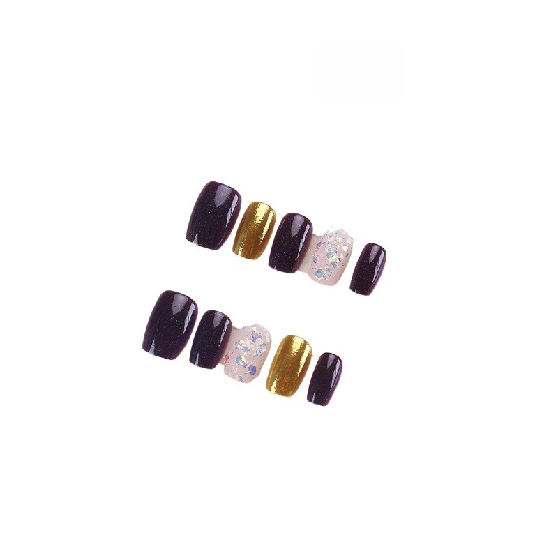 

Handmade Wearing Nail Premium Purple Gold Rhinestone Nail Patch Short Removable Fake Nails