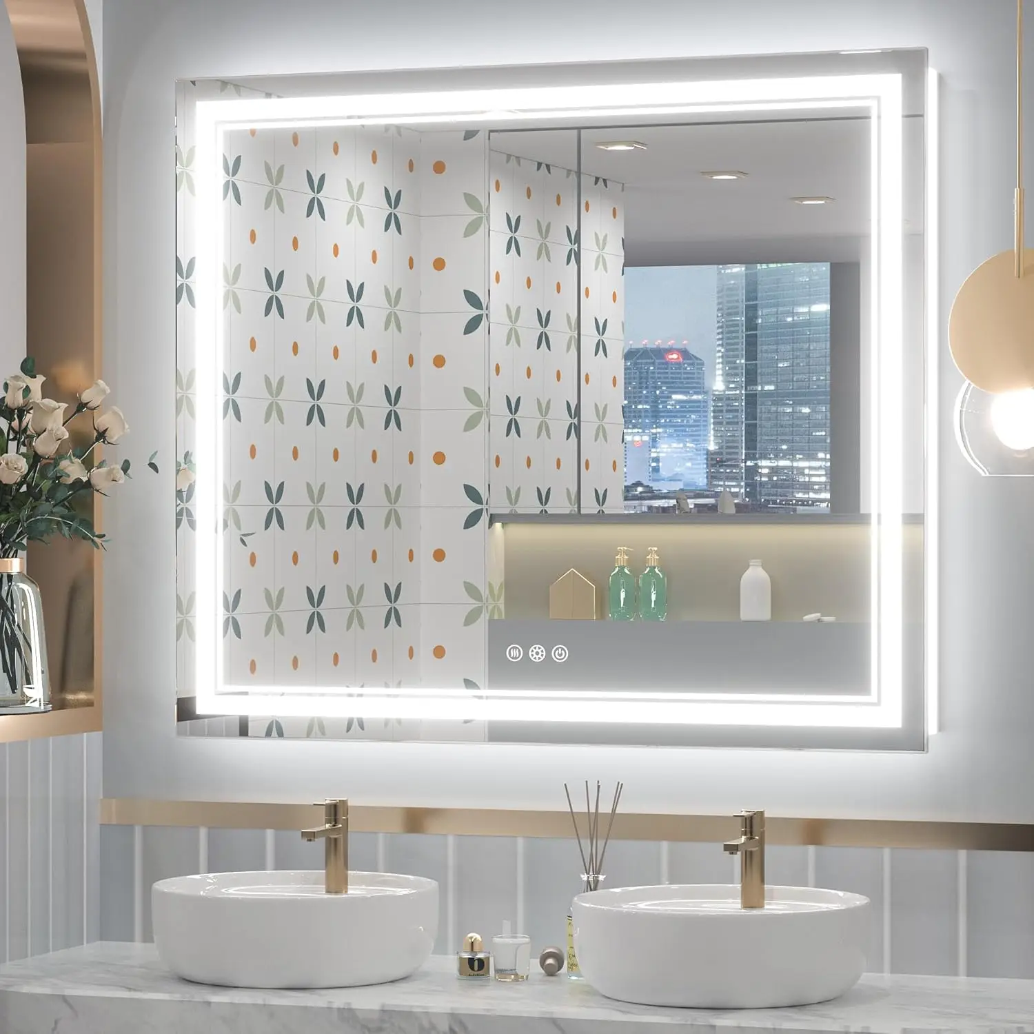 Bathroom LED Mirror 42 x 36 Inch Frontlit and Backlit, Stepless 3 Colors Temperature & Dimmable Tempered Glass Mirror