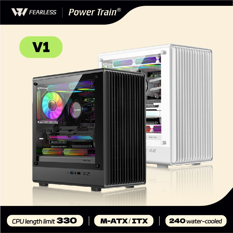 Power Train V1 MATX ITX Chassis Desktop Computer Side Transparent Glass Vertical Host Support 240/280 Water Cooling PC Case