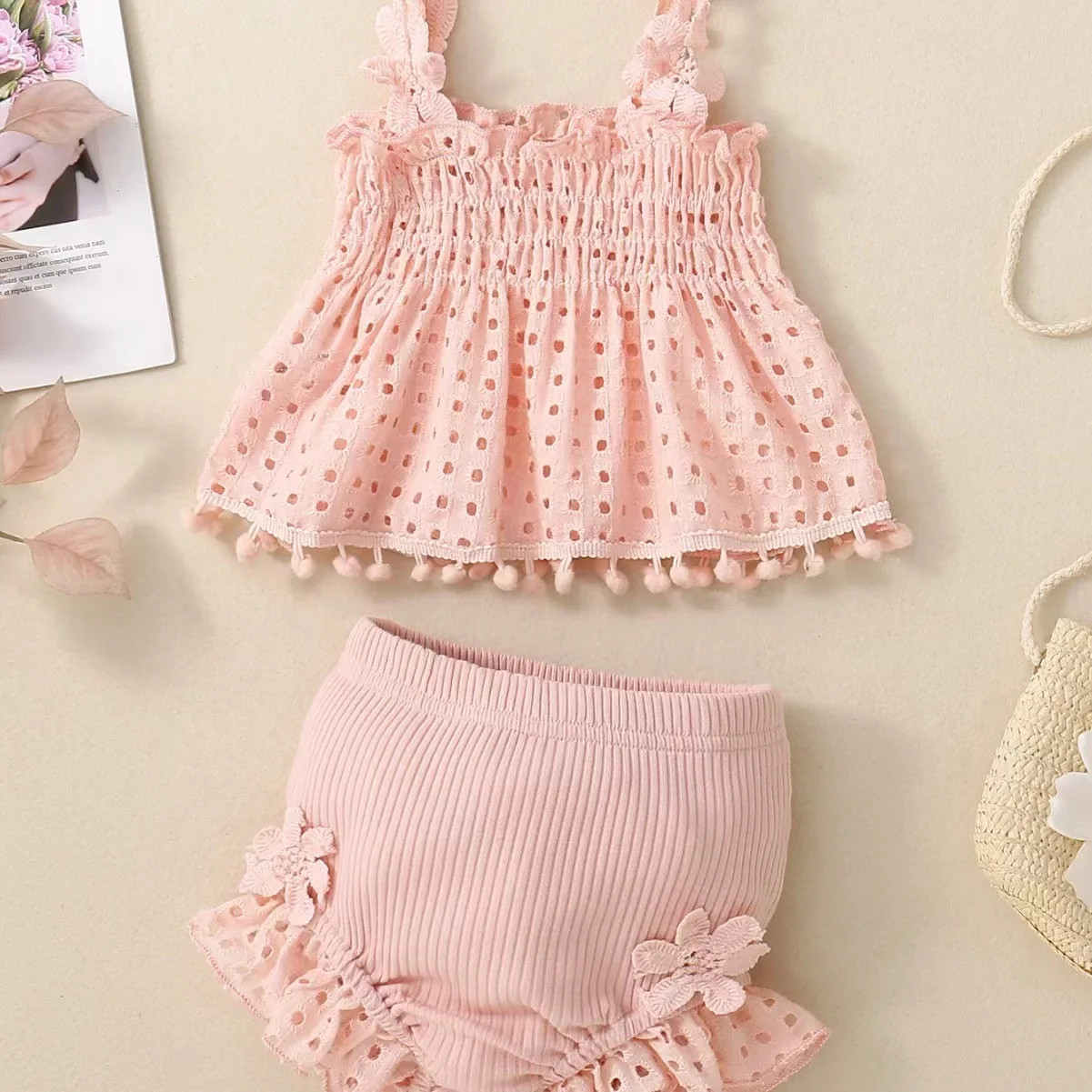 2PCS Baby Girl Summer Flower Sling Harness Set Triangle Crawling Suit Machine Washable