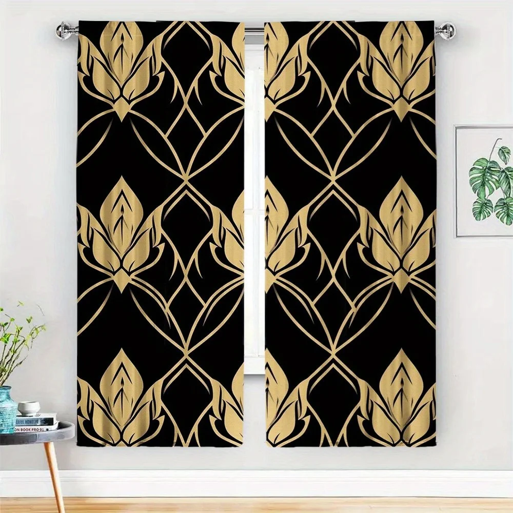 

Black and gold geometric patterns Print Drapes Room Darkening Window Curtains Home Decor,Rod Pocket Blackout Curtains Bedroom