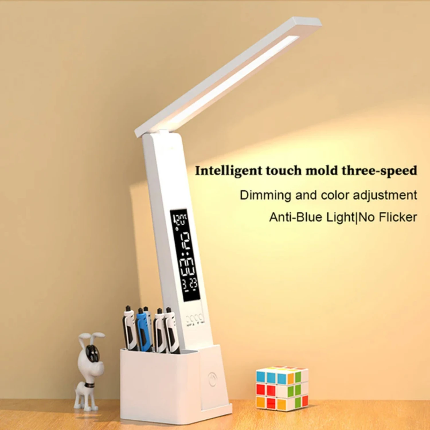 New Foldable Dimmable Desk Lamp With Pen LED Clock Light Dormitories Reading Light USB Plug-in/Charging Touch Switch Table Lamp