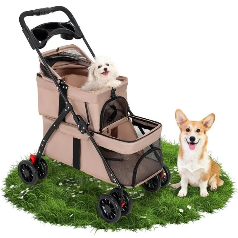 Double Decker Pet Stroller 4 Wheels Foldable Cat Dog Stroller Breathable Mesh Travel Cart for 2 Small Pets with Cup Holder