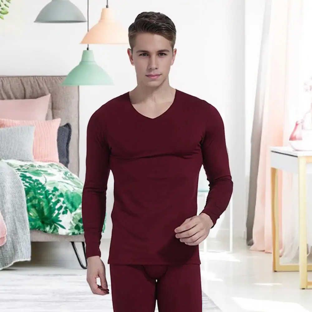 Heat Retention Pajamas Men's Winter Thermal Underwear Set Plush Lined V Neck Pajamas for Cold Weather Seamless Long Sleeve