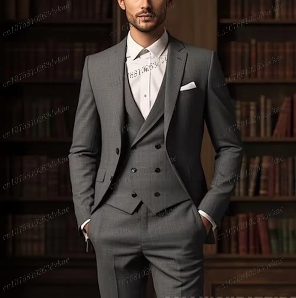 

New Dark Grey Men Suit Wedding Party Formal Groom Groomsman Prom Business Male Tuxedos 3 Piece Set Jacket Vest Pants