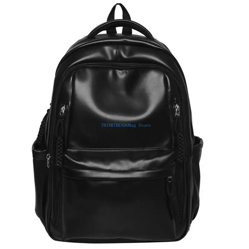 63HC Unisex Trendy Soft PU Leather Backpack for Everyday Use Large Storage College Book Bag Convenient Laptop Travel Daypack