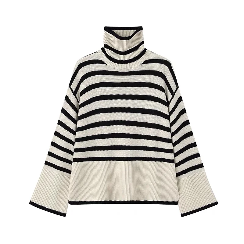 Striped Turtleneck Sweater Women\'s Long-sleeved Loose Outer Slit Top Warm Thickened Knit Casual Streetwear Tops