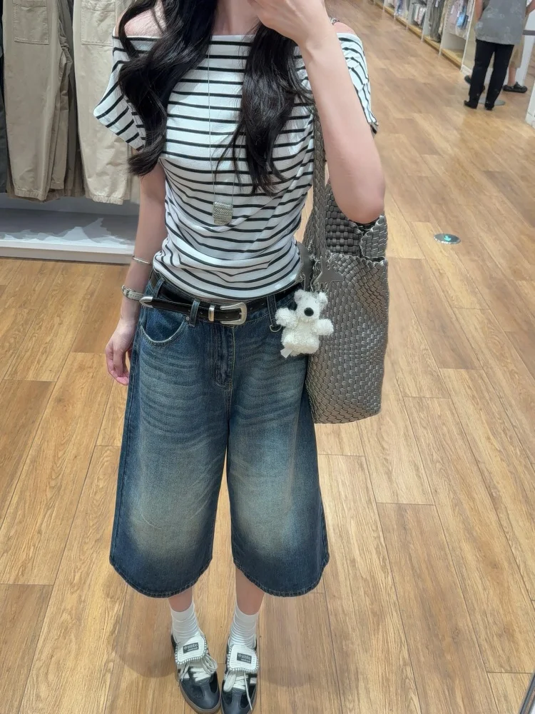 

American Style Vintage Denim Seven-Foot Pants Women's Summer Thin Slimming Loose High Waist Straight Wide Leg Shorts