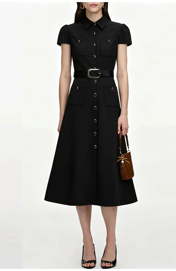 

Women's Black Shirt Dress Vintage Puff Sleeve Belted Midi Dress Elegant Work Office Lady Summer Casual A-Line Dress with Pocket
