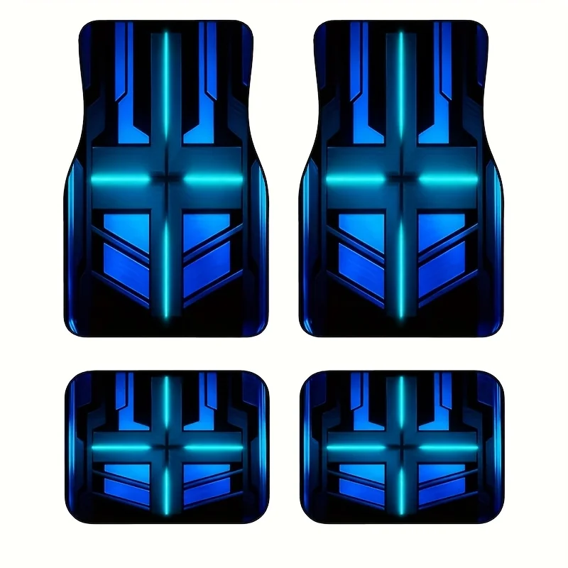4pcs Black And Blue Cross Mecha Wind Car Floor Mats, Tech-Feel Durable Non-Slip Universal Car Foot Pads Set For Cars, Trucks & S
