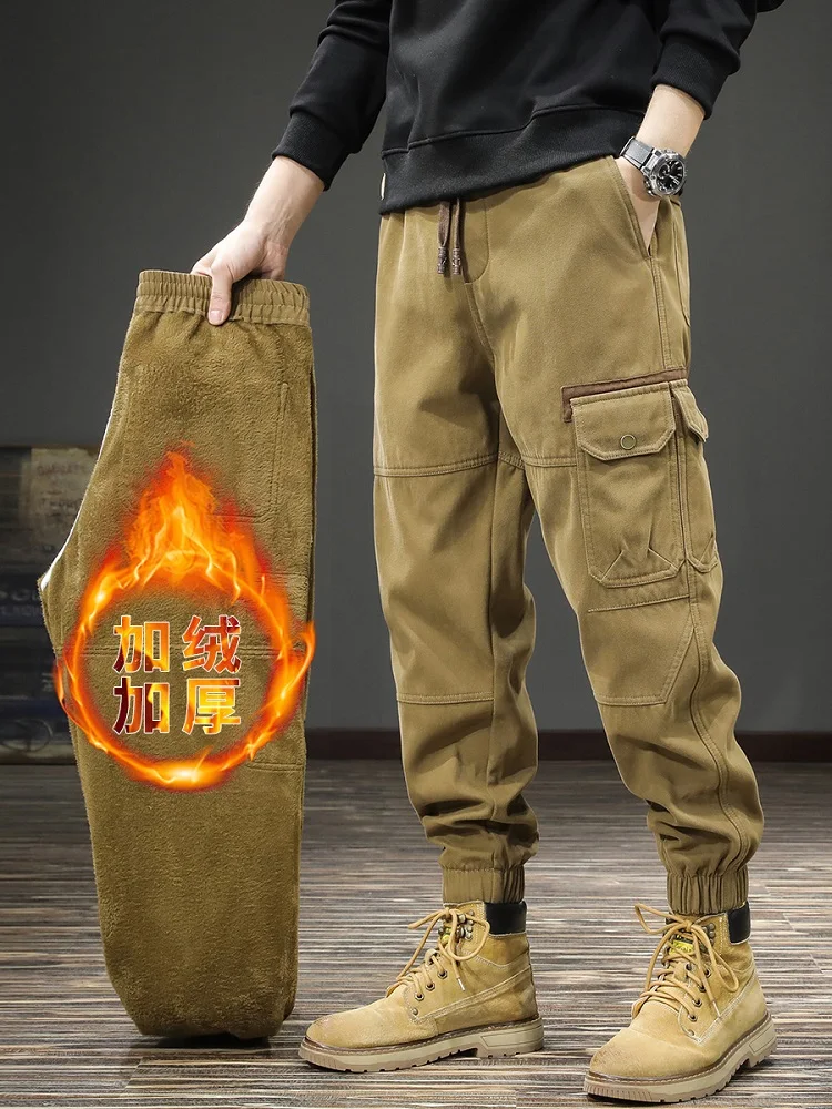

Winter Fleece Cargo Pants Men Tactical Casual Brown Cotton Warm Slim Fit Elastic Waist Drawstring Jogging Trousers