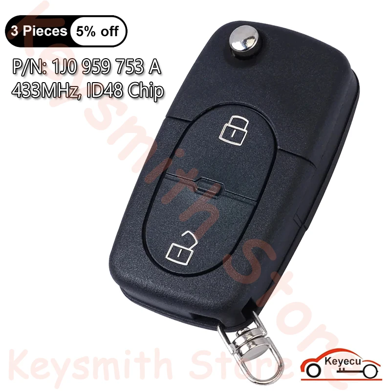 KEYECU 2 Buttons 434MHz ID48 Chip for VW Volkswagen Passat Golf MK4 Auto Flip Remote Control Key Fob 1J0959753A, 1J0 959 753 A