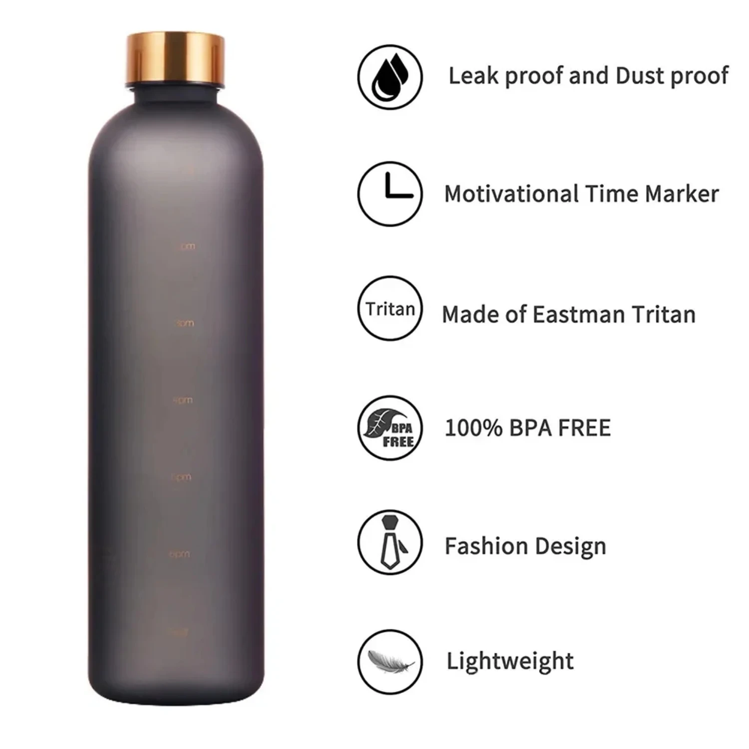 New Frosted 32 OZ Leakproof BPA Free Water Bottle with Time Marker for Fitness Sports Outdoor Travel, Portable 1L Drinkware - Gr