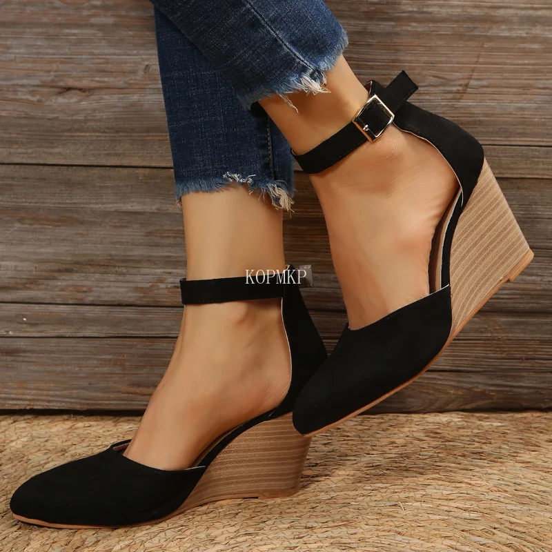 2023 Gladiator Flock High Heels Platform Sandals Wedges Woman Sandals Party Ankle Strap Summer Shoes Size 36-43