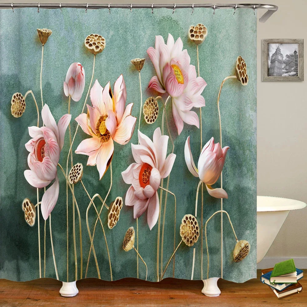 

Green leaf Plants White Flower lotus Shower curtain Chinese Home Bathroom Shower curtain Bathtub Partition curtain Decoration