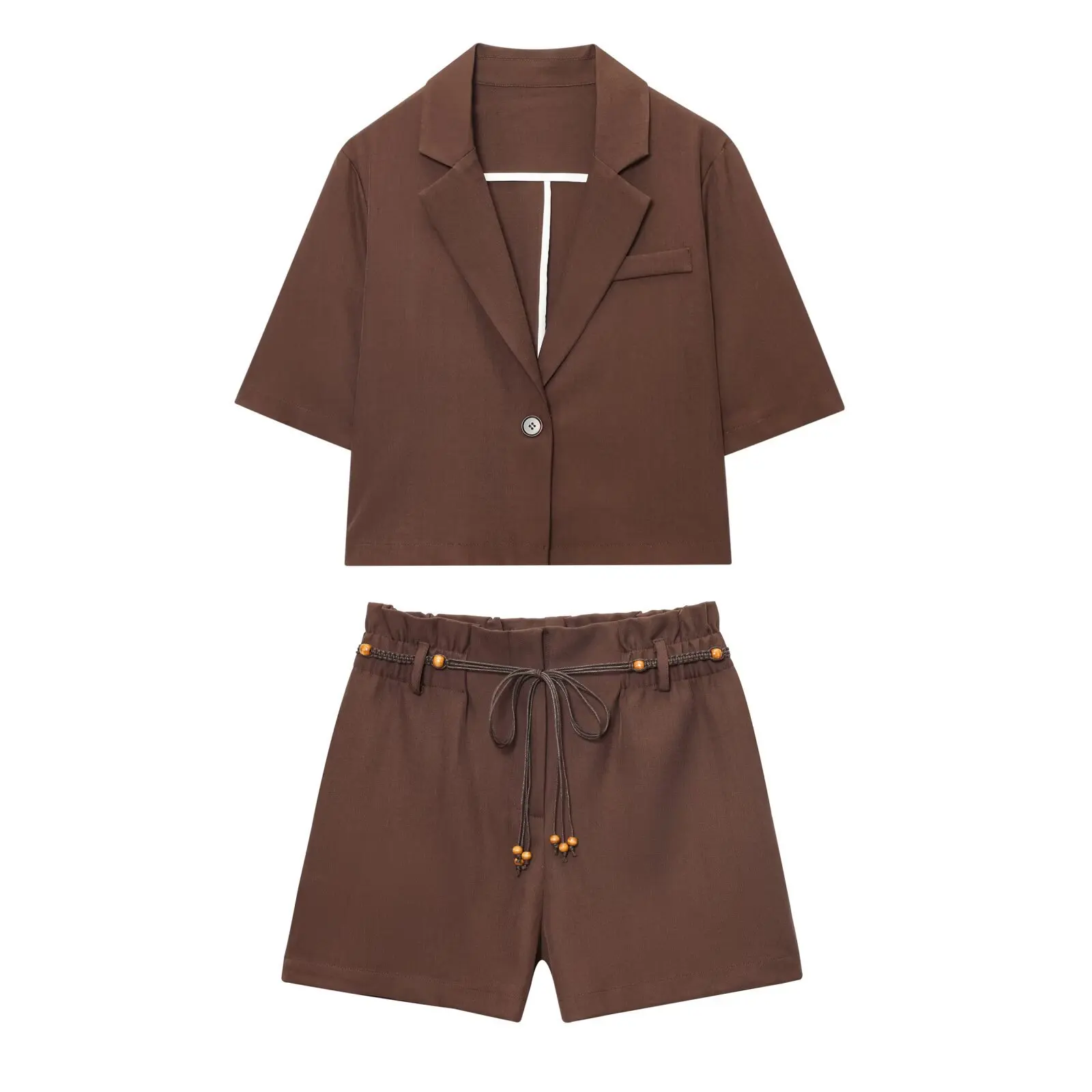

Women Summer 2 Piece Set Solid Lapel Short Sleeve Casual Blazer Coat+Fashion Side Pocket Elastic Waist Belt Design Shorts