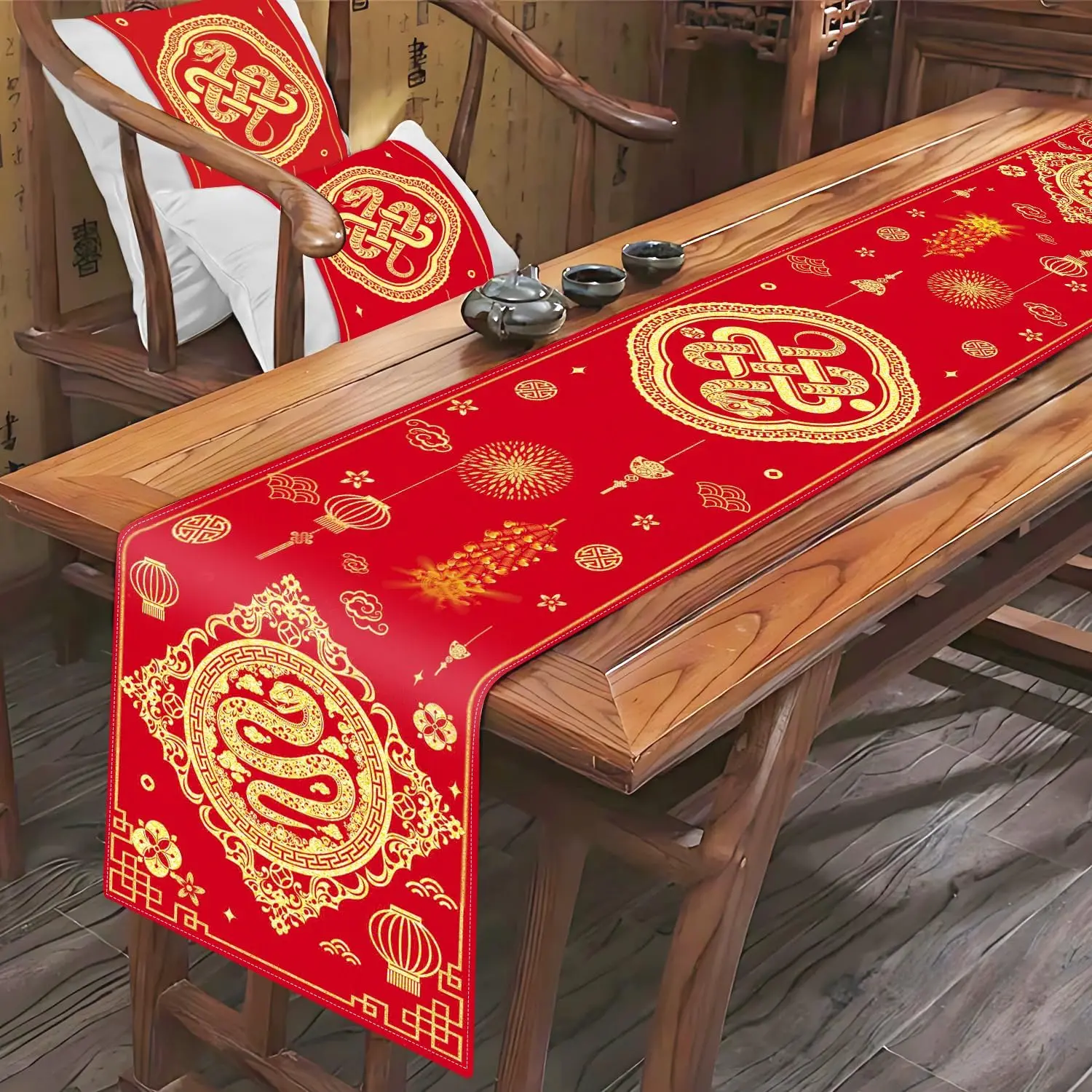 Chinese Golden Zodiac Snake New Year Linen Table Runner Party Decor Kitchen Dining Table Runner Chinese New Year Decorations