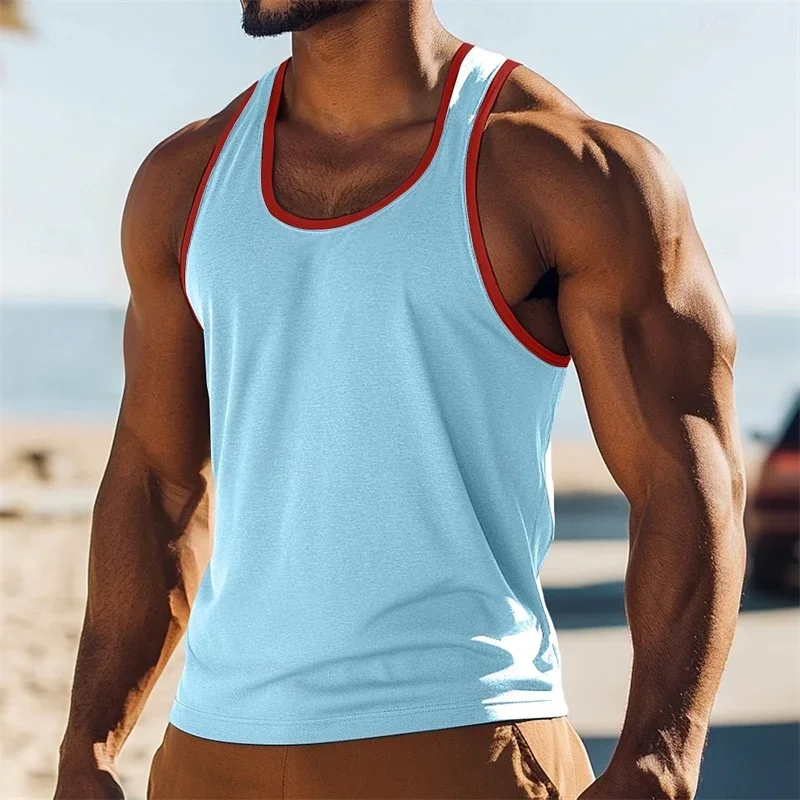 Solid Color Athletic Tank Top For Men Casual Breathable Round Neck Sleeveless Top Summer Casual Simple Print Classic Tee Top