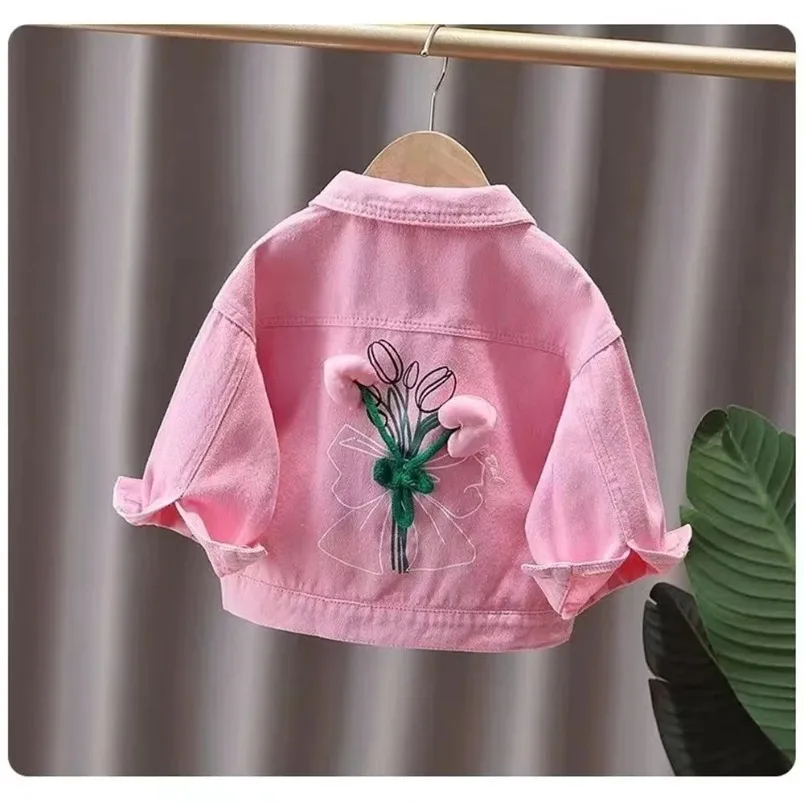 

Girls Jackets 2024 New Coat Fashionable Girl Baby Cute Back 3D Small Flower Pink Denim Coat Spring and Autumn Girls Top
