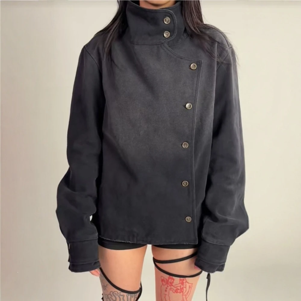 Unisex Black High Street Vintage Washed Stand Collar Jacket, Slanted Placket Retro Workwear Versatile Casual Outerwear