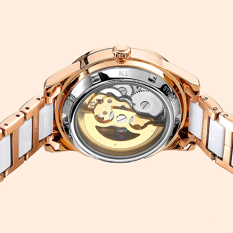 Luxury Mechanical Watch for Ladies Unique Skeletonized Musical Note Rhinestones Dial Stainless Steel Ceramic Strap Woman Gifts