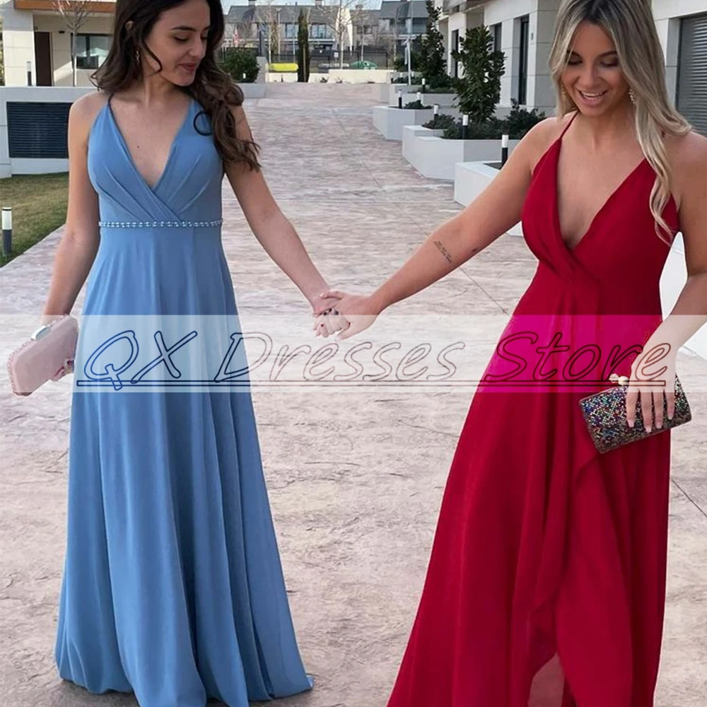 Personalizado simples azul formal vestido de noite spahetti cinta plissado com decote em v a linha miçangas baile de formatura até o chão vestido de festa robes de s