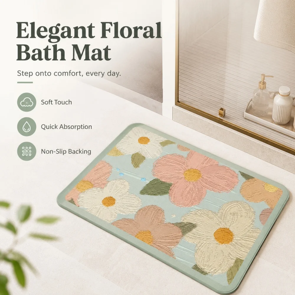 Flower oil painting drawing, silica mud bathroom water-absorbing mat