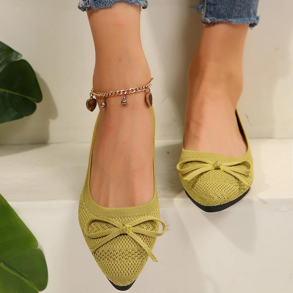 Pointed Bow Flying Flat Shoes Women's 2025 New Summer Casual Bean Shoes Knitted Soft Sole Knitted Women's Shoes Large Size 43